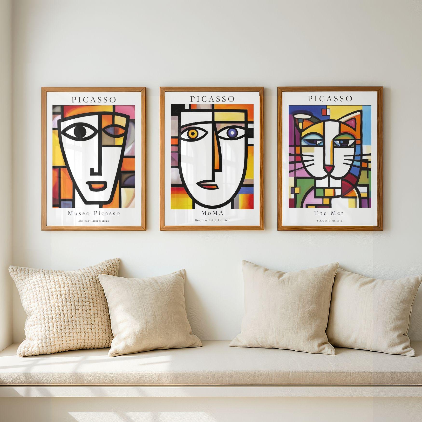 Picasso Abstract Poster Set of 3, Colorful Cubist Faces and Cat Wall ...