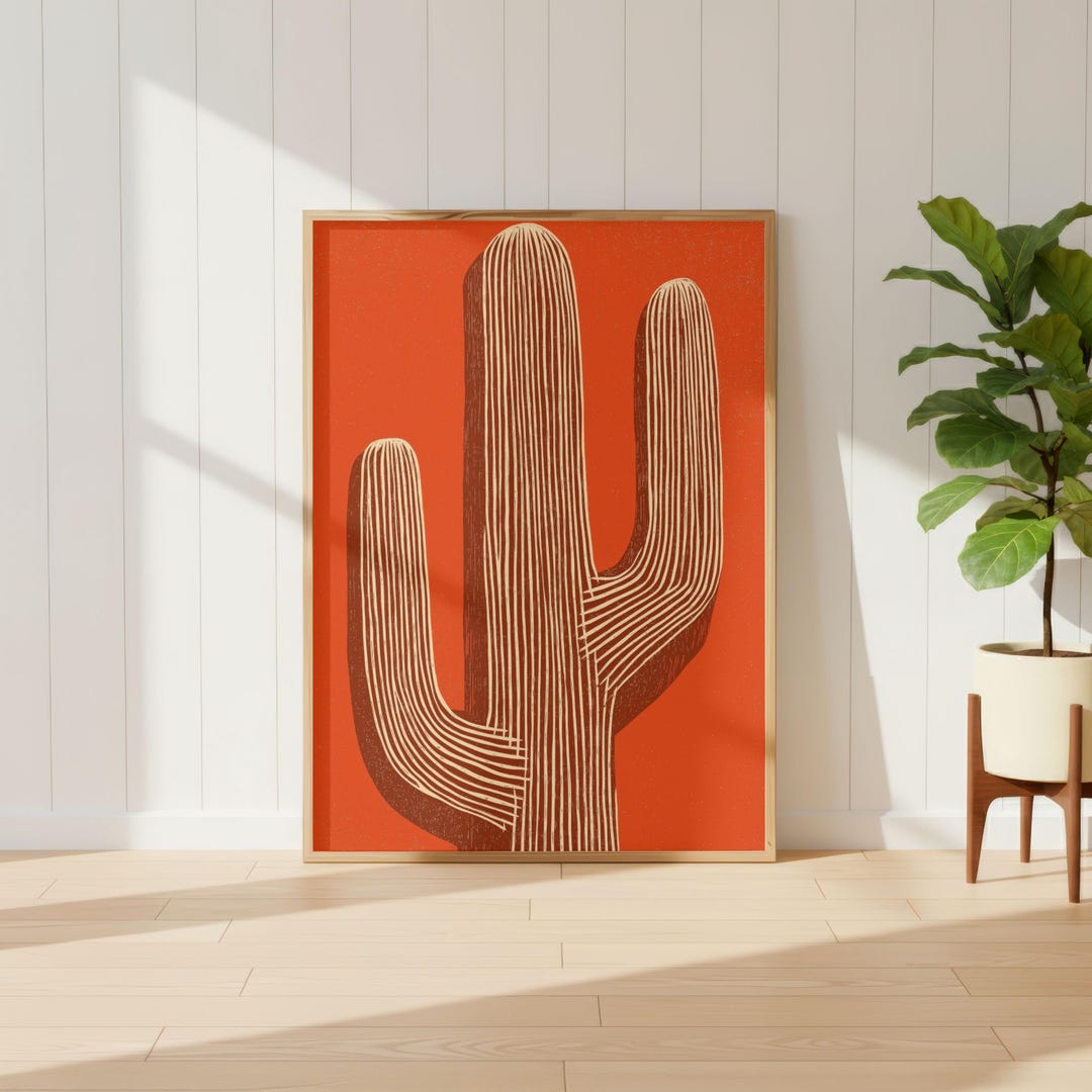 Modern Cactus Art Print, Terracotta Desert Wall Art, Minimalist Saguaro ...