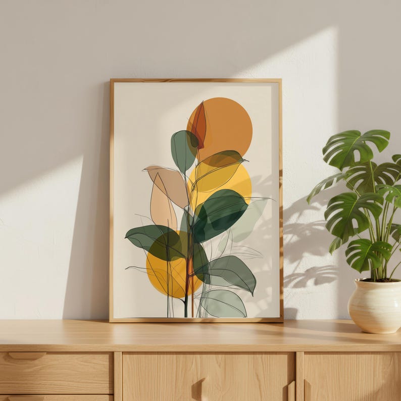 Mid Century Modern Botanical Art Print, Abstract Leaves Wall Decor ...