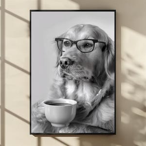 Golden Retriever Drinking Coffee Wall Art, Black and White Print, Coffee Lover Print, Dog Gift, Funny Dog Poster, Kitchen Wall Decor, Poster