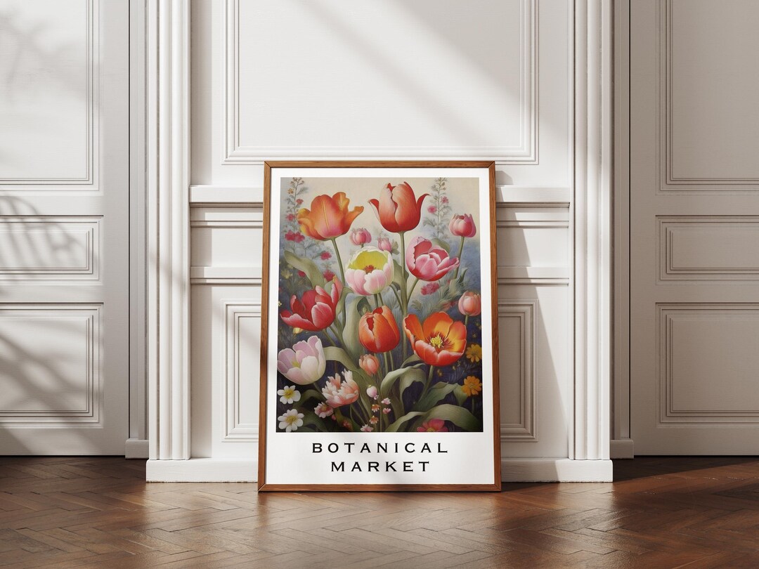 Tulip Bouquet Botanical Poster, Vintage Floral Wall Art, Cottagecore ...