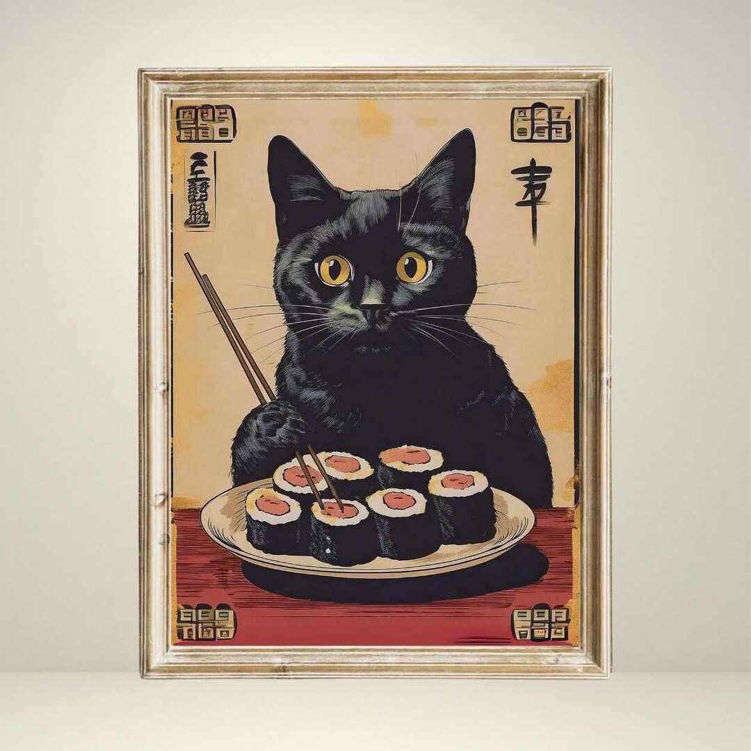 Retro Cat Sushi Art Poster, Vintage Japanese Style Wall Decor ...