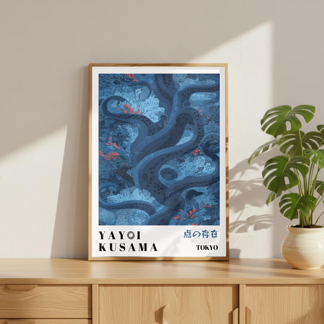Yayoi Kusama Poster, Blue Octopus Dots Print, Japanese Modern Wall Art ...