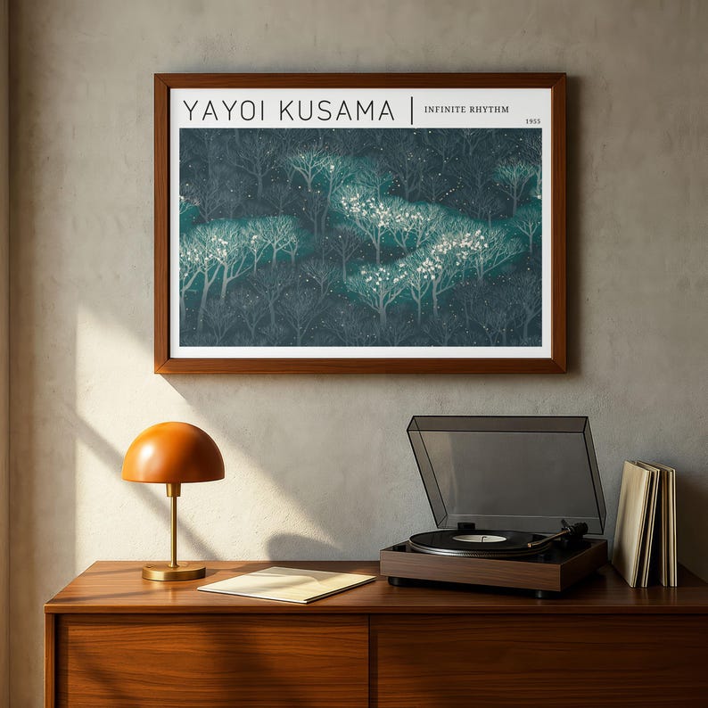 Yayoi Kusama Inspired Night Forest Poster, Dark Teal Landscape Wall Art ...