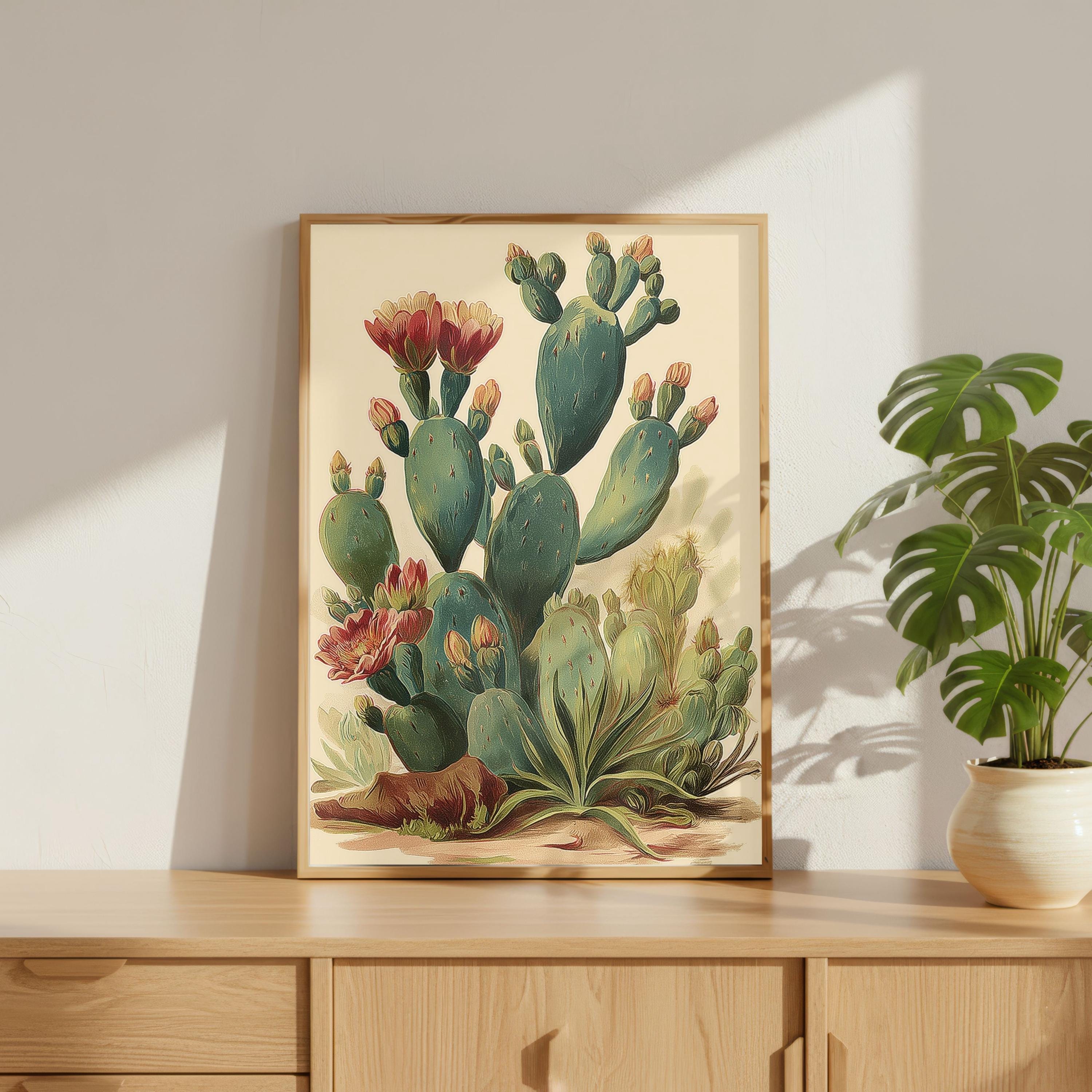 Vintage Botanical Cactus Wall Art, Desert Prickly Pear Illustration ...
