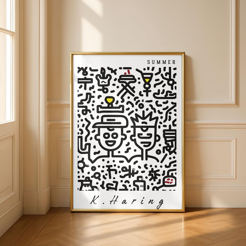 May include: A framed art print featuring a black and white illustration with the word "SUMMER" at the top. The artwork includes two stylized figures and various summer-themed icons. The artist's signature, "K. Haring," is at the bottom.