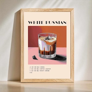 WHITE RUSSIAN Cocktail Print | Brown Minimalist Retro Digital Art | Bar Cart Decor | Digital Download Printable | Bar Cart Retro Vintage Art