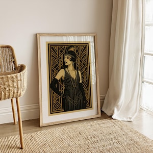 Art Deco Flapper Girl Wall Art - 1920s Gatsby Style Poster, Vintage Glam Print for Roaring Twenties Home Decor, Rustic Kitchen Decor
