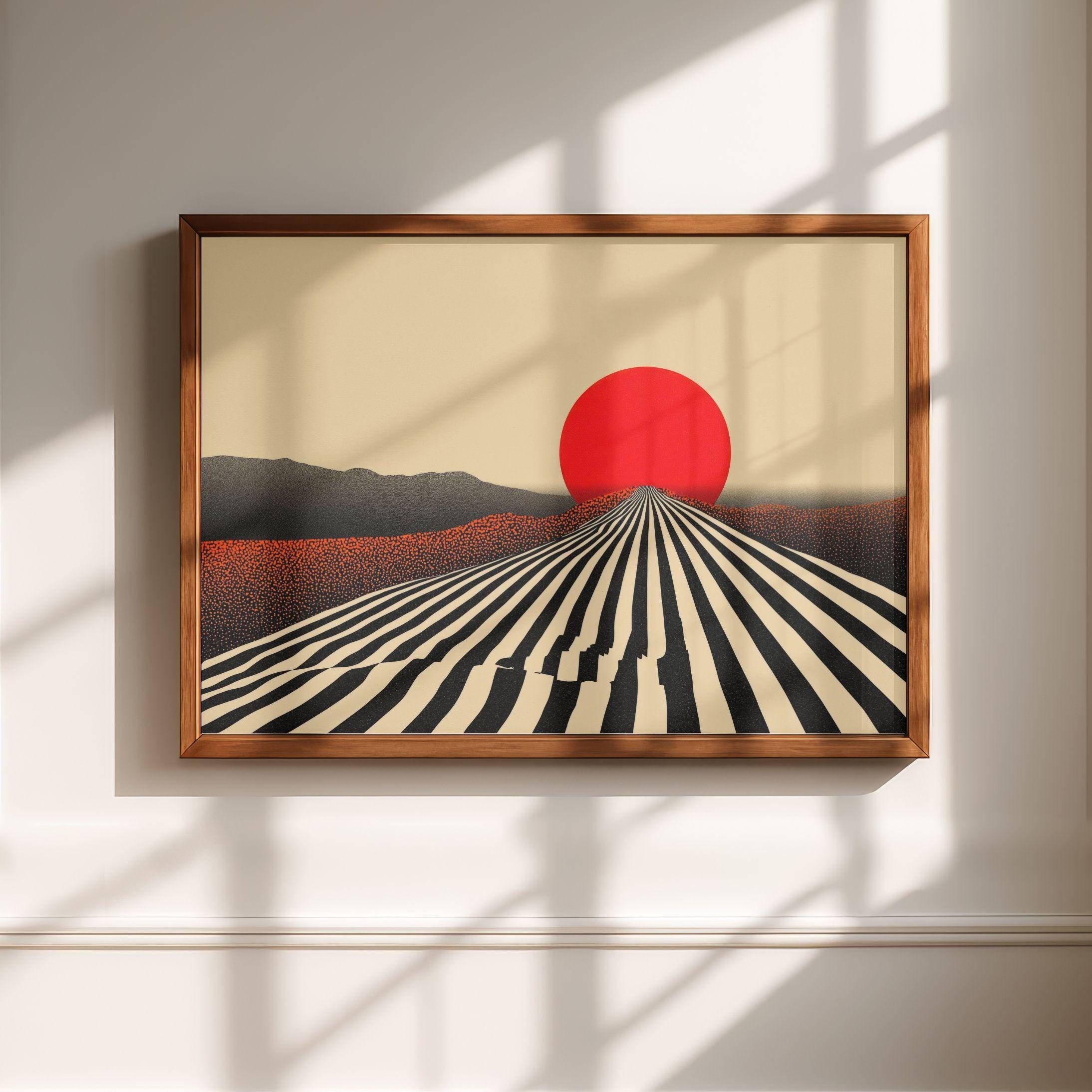 Abstract Red Sun Wall Art, Black and White Striped Landscape Poster ...