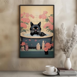 Black Cat in a Bathtub, Japanese Bathroom Wall Art, Relaxation Poster, Japan Cat Wall Art, Aesthetic Minimalism, Neutral Japandi Digital