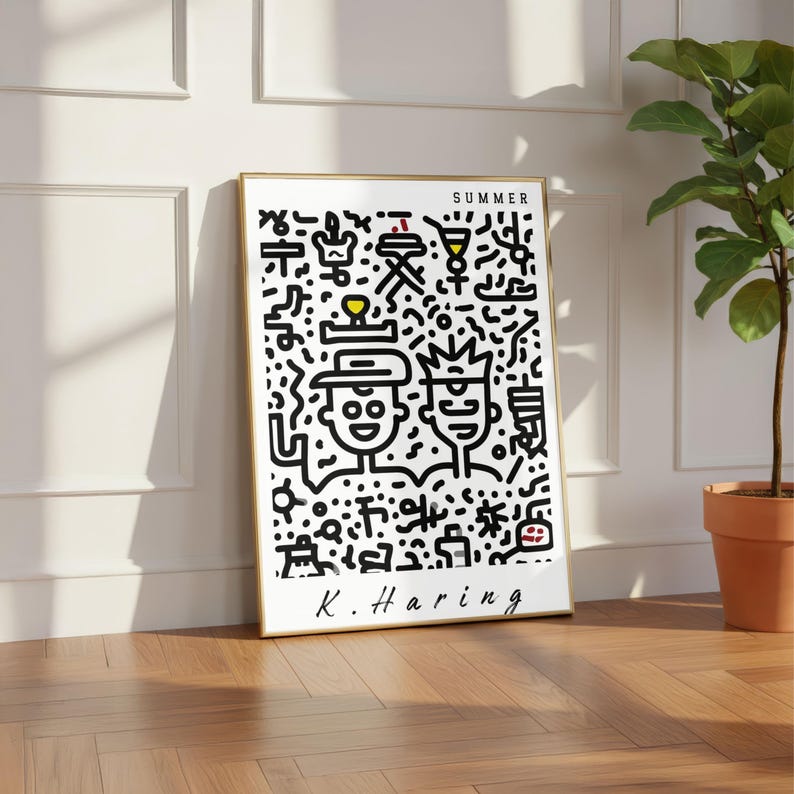 May include: A framed art print featuring a black and white illustration with the word "SUMMER" at the top and the artist's signature "K. Haring" at the bottom. The artwork depicts two figures and various abstract shapes.