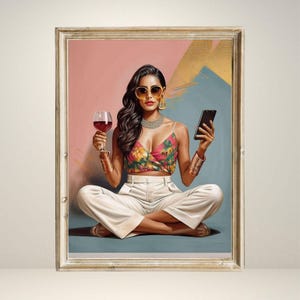 Indian Woman Digital Wall Art Home Decor Asian Painting Indian Girl Wine Poster Indian Design Ethnic Print Traditional Art Desi Girl Art