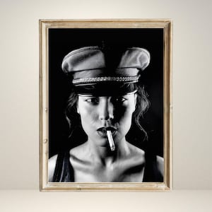 Black and White Portrait of Woman with Cigarette, Retro Printable Wall Art, Bold Vintage Style Photography, Digital Download