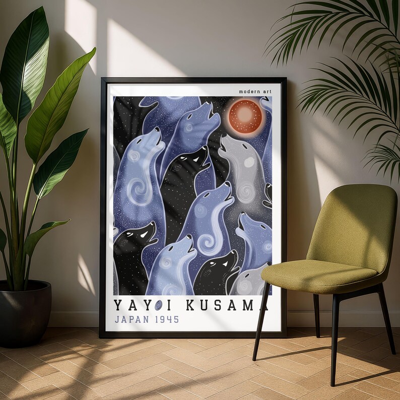 Yayoi Kusama Inspired Wolf Poster Night Sky Art Print Surreal Animal ...