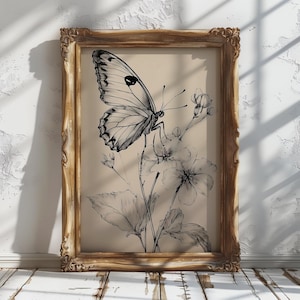 Vintage Butterfly Sketch Print, Botanical Insect Drawing Printable Wall Art, Boho Rustic Minimalist Decor, Digital Download, Home Wall Decor