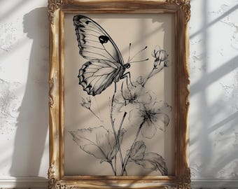 Vintage Butterfly Sketch Print, Botanical Insect Drawing Printable Wall Art, Boho Rustic Minimalist Decor, Digital Download, Home Wall Decor