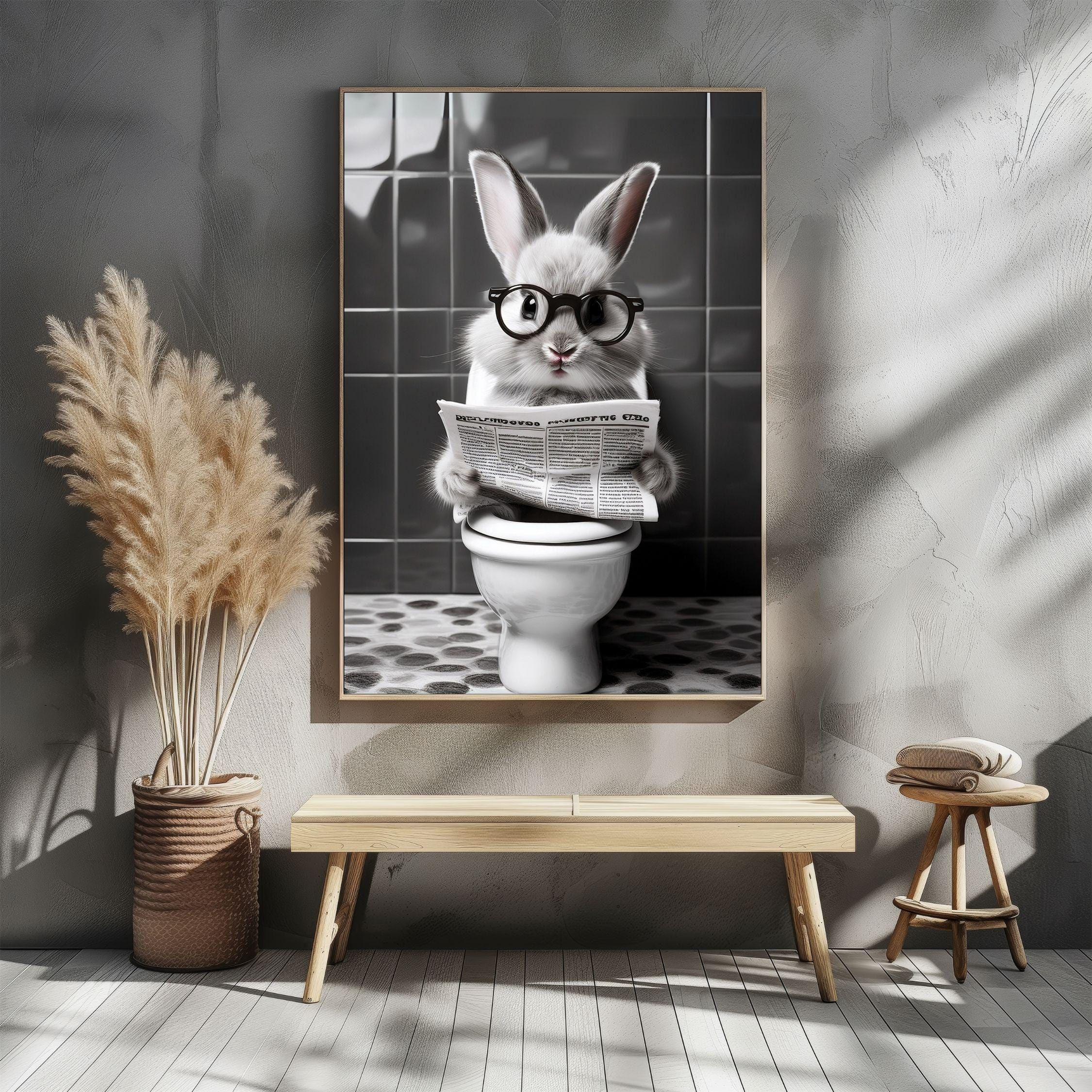 Rabbit Sitting On Toilet Wall Art, Rabbit Animal Reading Newspaper, Black and White Print, Funny Vintage Poster, Retro Bathroom Wall Decor
