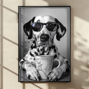 DALMATIAN DOG Drinking Coffee Wall Art, Black and White Print, Coffee Lover Print, Dog Gift, Funny Dog Poster, Kitchen Wall Decor, Poster