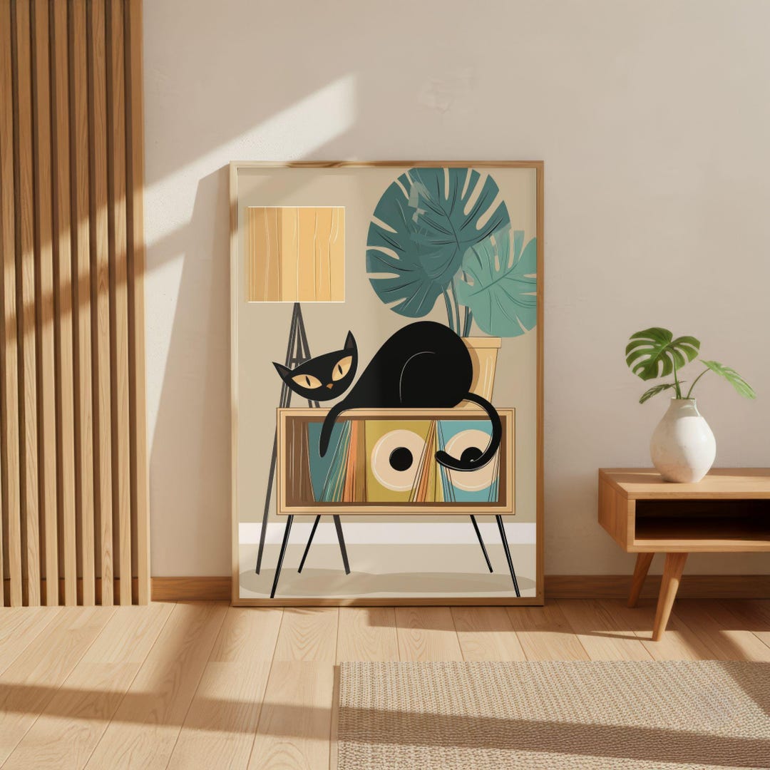 Mid Century Modern Black Cat Poster, Retro Atomic Cat Wall Art ...