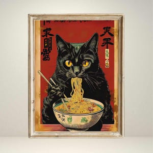 Vintage Cat Eating Ramen Wall Art Retro Japanese Poster Digital Print Unique Kitchen Decor Noodle Lover Gift Quirky Cat Illustration