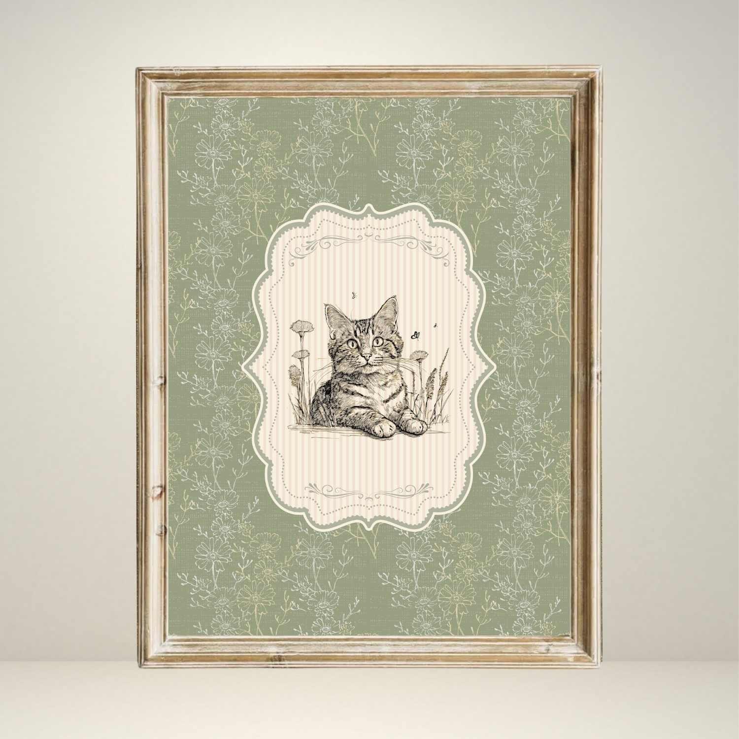 Vintage Kitten Print Nursery Decor Floral Vintage Floral Cat Wall Art Antique Cat Art Sketch Nursery Wall Art Animal Printable Wall Decor
