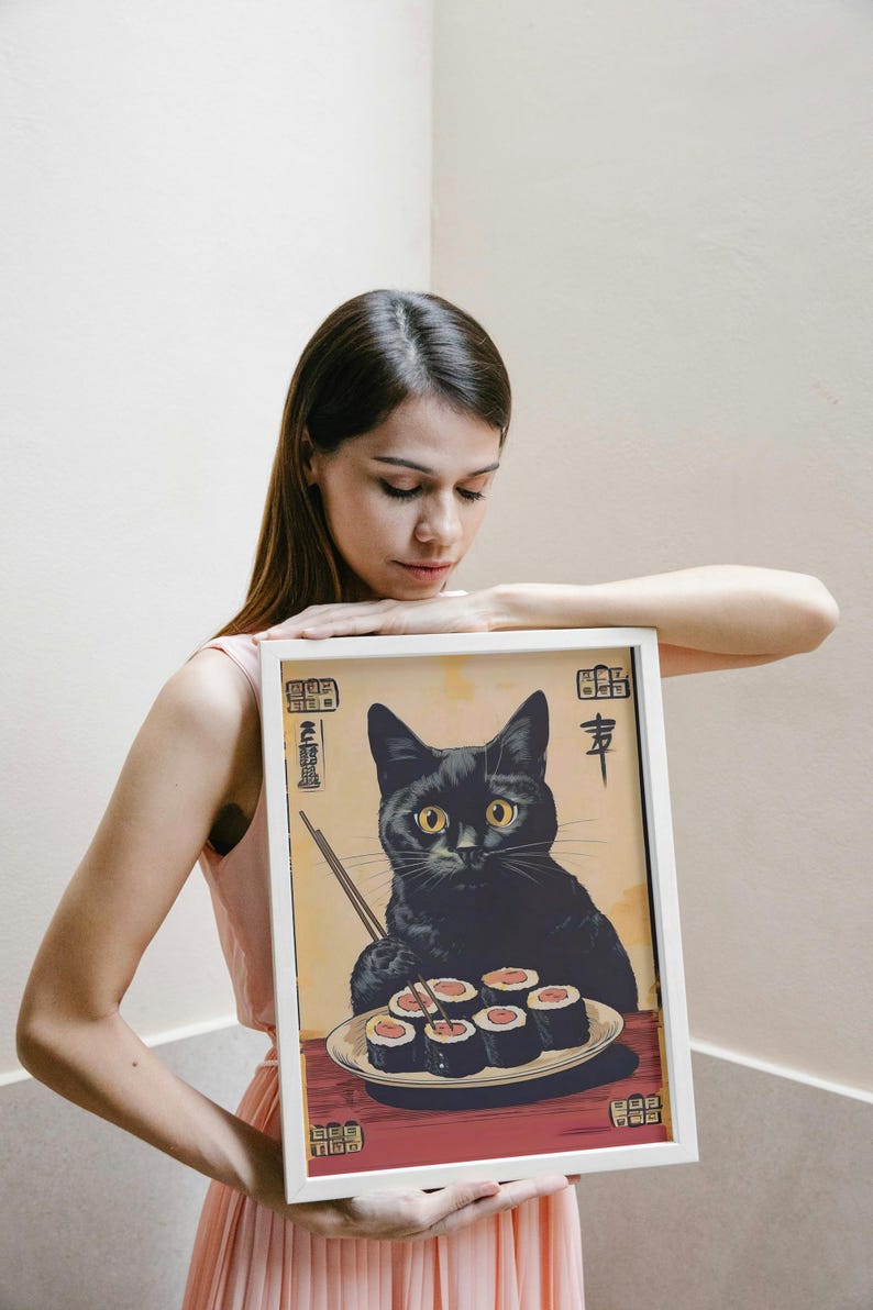 Retro Cat Sushi Art Poster, Vintage Japanese Style Wall Decor ...