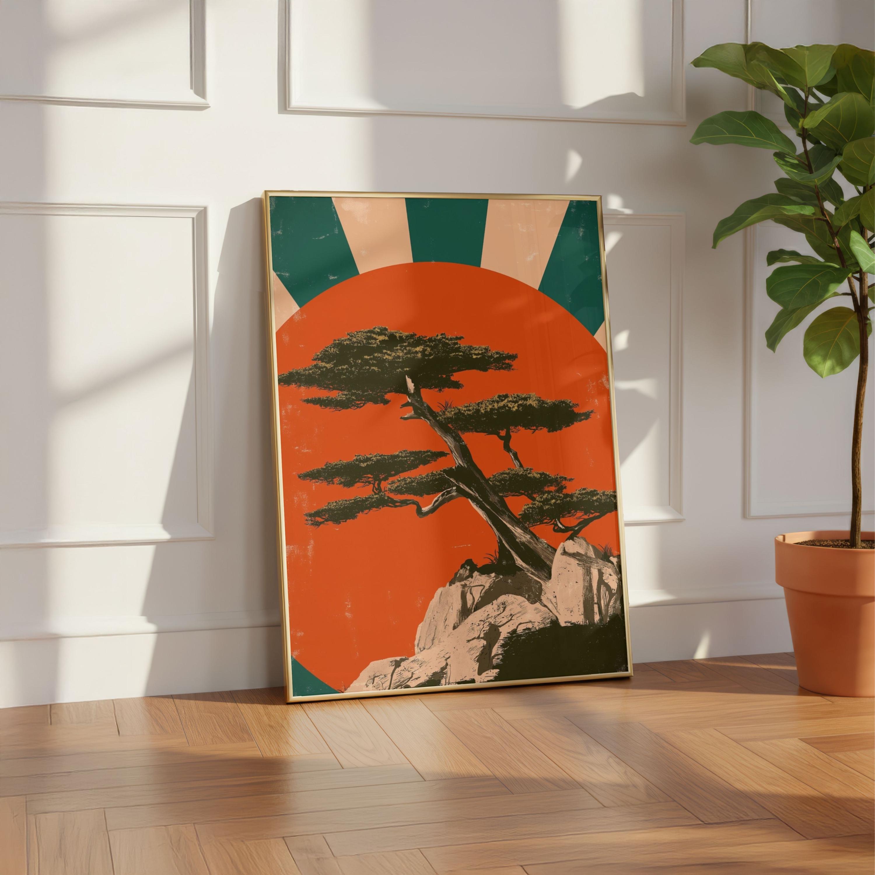Japanese Rising Sun Tree Japanese Rising Sun Poster, Vintage Bonsai Wall Art, Red Sun Landscape ...