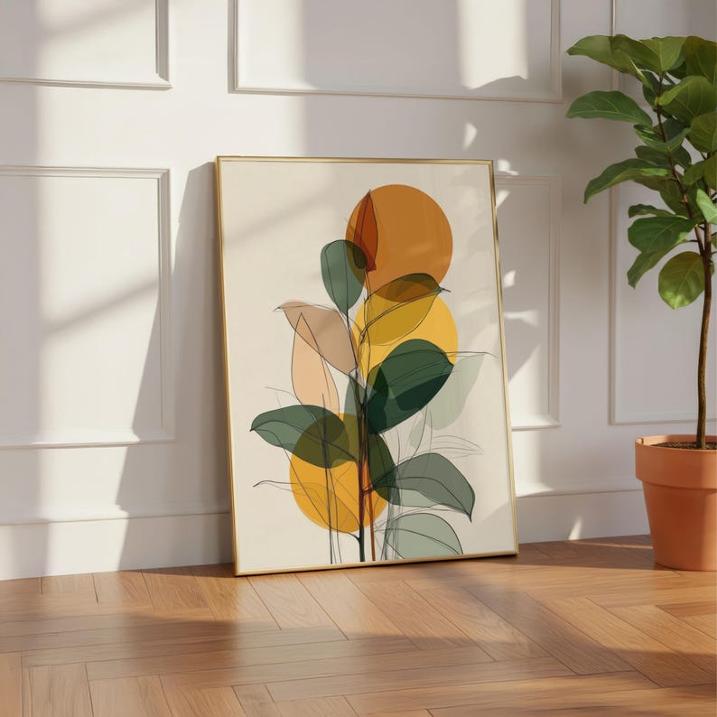 Mid Century Modern Botanical Art Print, Abstract Leaves Wall Decor ...