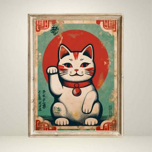 Tradycyjny Maneki Neko Cat Print | Japoński plakat Lucky Cat, sztuka ścienna w stylu retro, wystrój na szczęście, azjatycki prezent, sztuka ścienna do domu