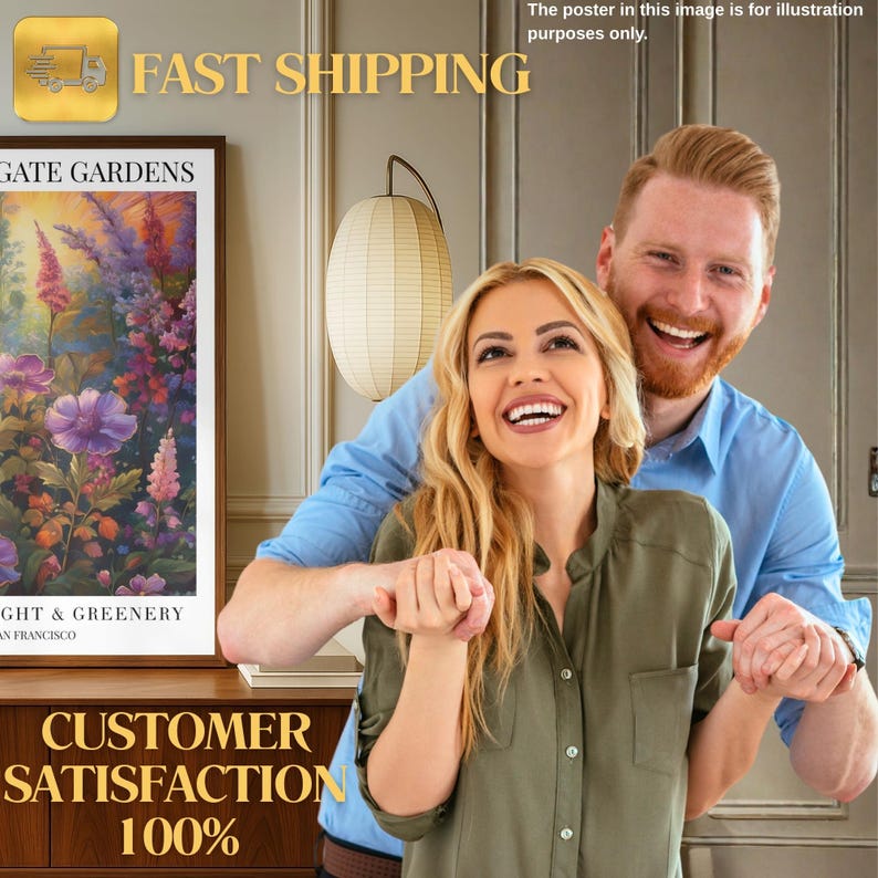 May include: A framed floral print with the text "GATE GARDENS" and "LIGHT & GREENERY" is displayed. The image also features a couple smiling, a paper lantern, and the text "CUSTOMER SATISFACTION 100%" and "FAST SHIPPING".