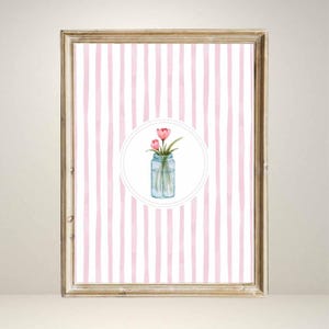 Vintage Tulip Pink Stripped Illustration Print Abstract Flower Vintage Painting Botanical Digital Download Trendy Cornflower Pink Decor