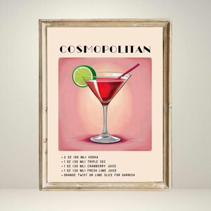 Cosmopolitan Cocktail Print | Zielona minimalistyczna sztuka cyfrowa retro | Dekoracja wózka barowego | Cyfrowe pobieranie do druku, wózek barowy retro
