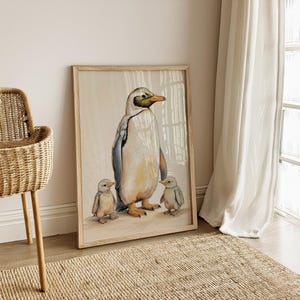 Penguin Family Art Print, Nursery Wall Decor, Penguin and Chick Illustration Poster, Vintage Style Drawing, Kids Room Wall Art, Digital Art