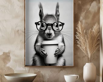 SQUIRREL Cute Animal Drinking Coffee Wall Art, Black and White Print, Coffee Lover Print, Gift, Funny Animal Poster, Wall Decor, Vintage