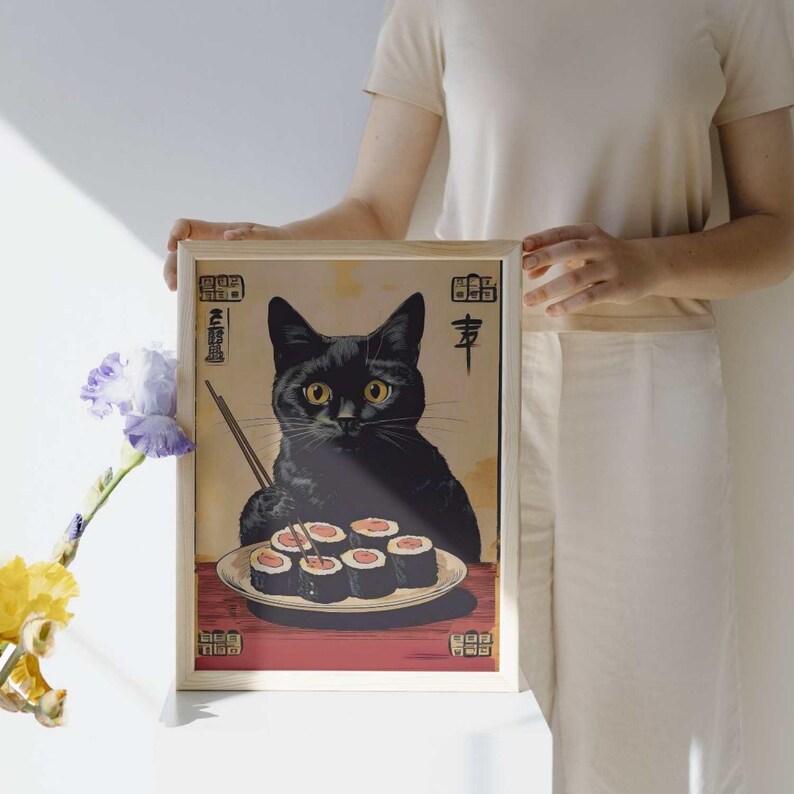Retro Cat Sushi Art Poster, Vintage Japanese Style Wall Decor ...