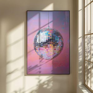 Printable Wall Art, Silver Disco Ball Maximalist Painting, Bright Pastel Pink Girly Poster, Trendy Dopamine Decor, Mirror Ball Preppy Print