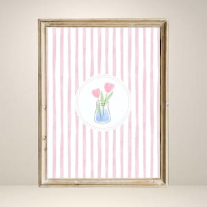 Vintage Tulips Illustration Print Abstract Vintage Painting Vintage Botanical Digital Striped Trendy Decor Cornflower Pink Tulips Wall Art