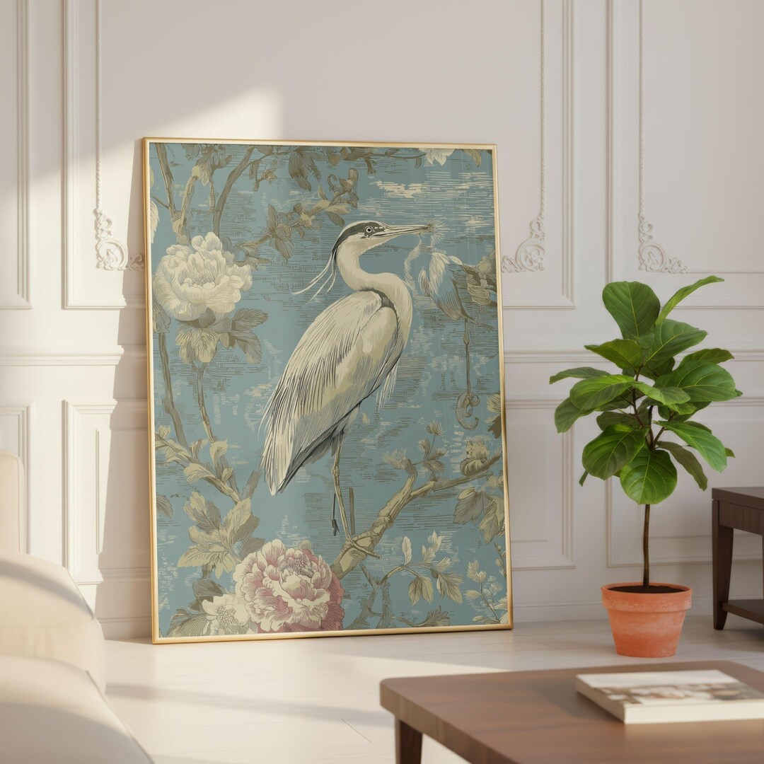 Vintage Bird Botanical Poster, Blue Toile Chinoiserie Wall Art, Heron ...