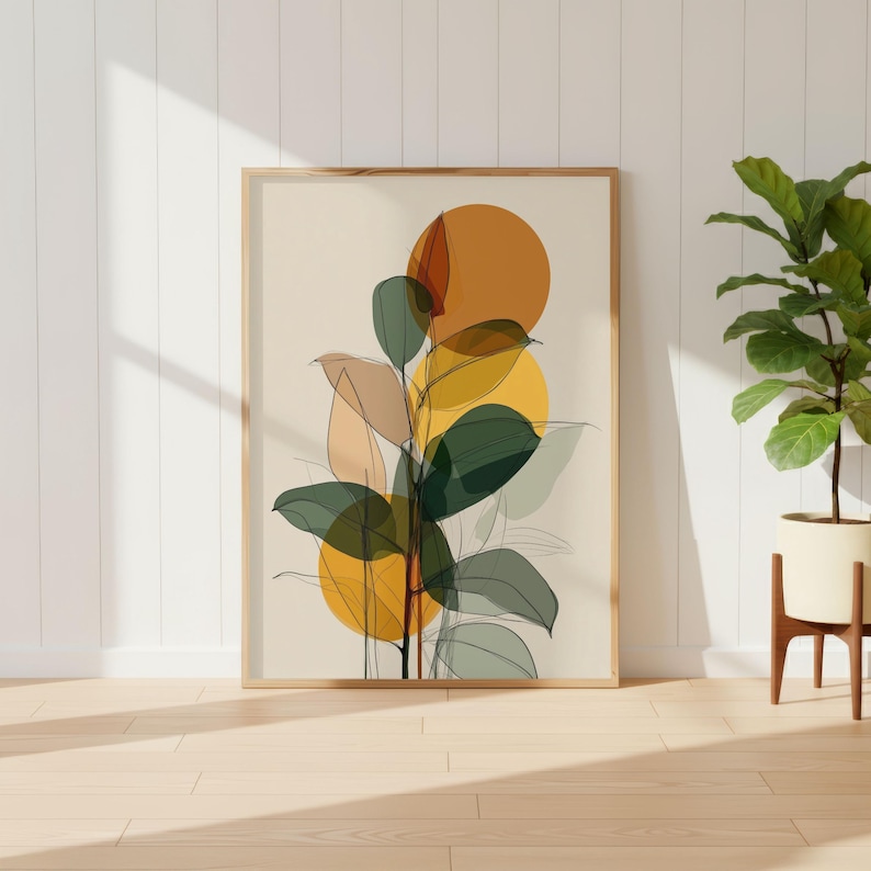 Mid Century Modern Botanical Art Print, Abstract Leaves Wall Decor ...