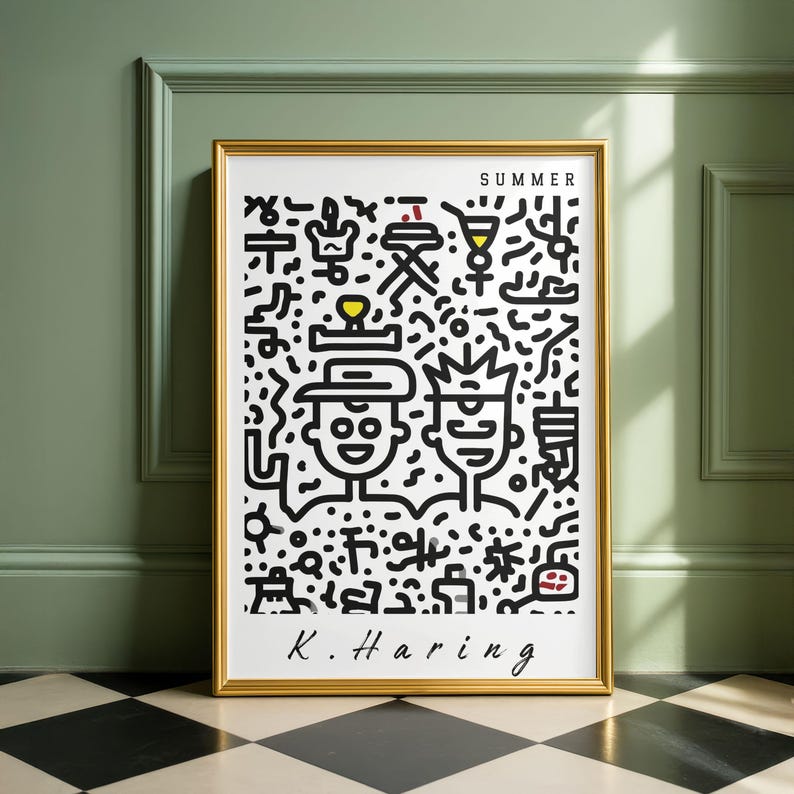 May include: A framed art print with a gold frame featuring a black and white illustration with the word "SUMMER" at the top. The artwork includes abstract figures and the artist's signature, "K. Haring," at the bottom.