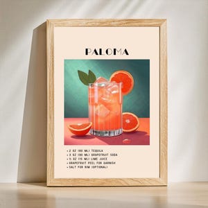 Paloma Cocktail Print | Classic Cocktail Wall Art | Minimalist Alcohol Prints | Bar Cart Decor | Digital Download Printable, Bar Cart Retro