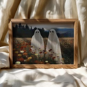Vintage Cute Ghosts in Wildflower Meadow Print, Spooky Halloween Fall Painting Printable Wall Art, Moody Ghosts Autumn Decor Digital