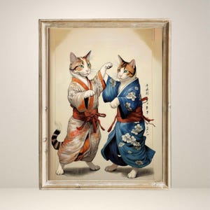 Vintage Samurai Cats Art Print - Japanese Kimono Cat Poster - Whimsical Feline Wall Decor - Digital Download for Cat Lovers & Ukiyo-e Fans