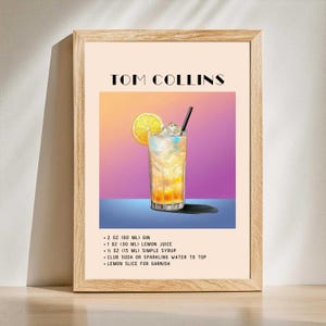 TOM COLLINS Cocktail Print | Yellow Minimalist Retro Digital Art | Bar Cart Decor | Digital Download Printable | Bar Cart Retro, Vintage Art