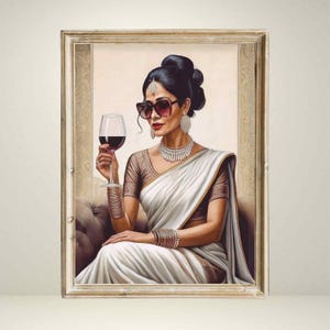 Indian Woman Digital Wall Art Home Decor Asian Painting Indian Girl Wine Poster Indian Design Ethnic Print Traditional Art Desi Girl Art