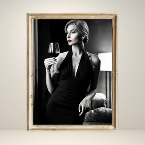 Woman Drinking Wine Poster, Black and White, Vintage Feminist Print, Sexy Bedroom Decor, Teen Girl Wall Art, Wine Bar Decor, Black and White