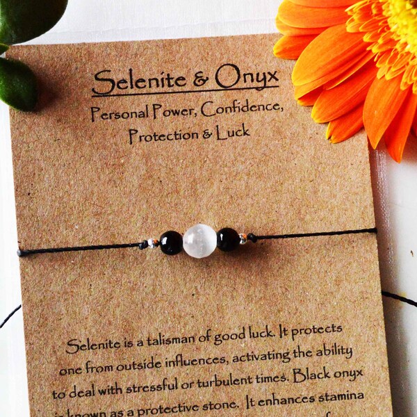 Adjustable Men or Womens Healing Crystal Bracelet - Selenite & Black Onyx for Luck Protection and Positive Energy - Handmade String Jewelry
