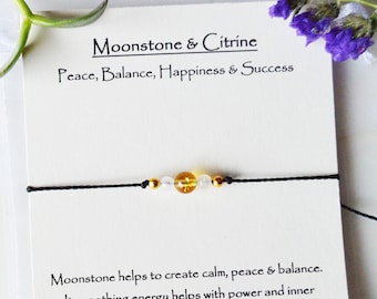 citrine bracelet, moonstone bracelet, citrine and moonstone string bracelet, crystal string bracelet, citrine string bracelet black or white