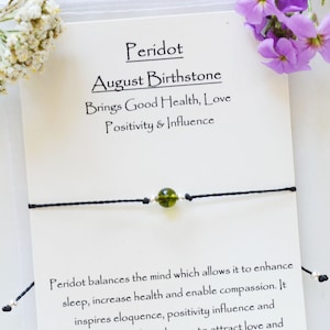 Peridot birthstone bracelet, August Peridot adjustable bracelet, periodot chakra bracelet, August birthstone bracelet unisex, Peridot