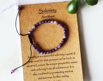 4mm sobriety bracelet, amethyst sobriety string bracelet, crystal sobriety bracelet, 4mm crystal bracelet adjustable, other stones available